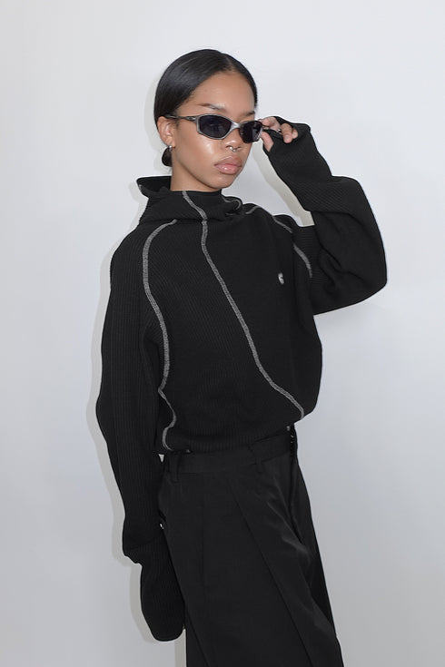 WAFFLE HOODED TOP -BLACK-