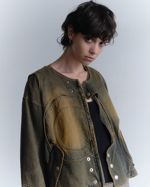 CIRCLE CUT-OUT DENIM JACKET -RUSTED BROWN-