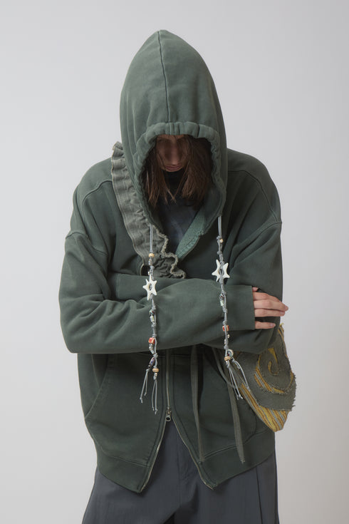 BEADED DRAWSTRING ZIP-UP HOODIE -DARK GREEN-