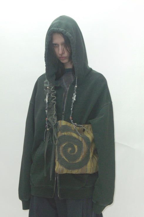 BEADED DRAWSTRING ZIP-UP HOODIE -DARK GREEN-