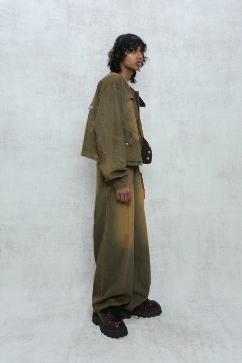 CIRCLE CUT-OUT DENIM JACKET -RUSTED BROWN-