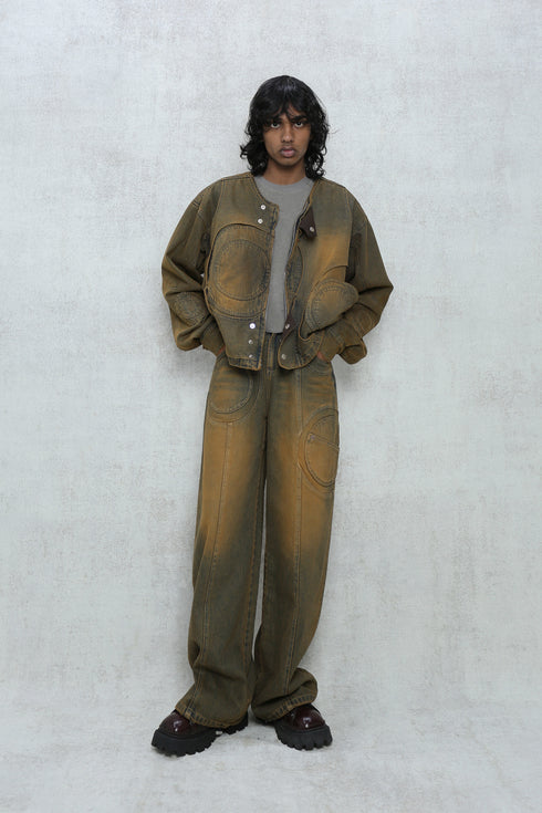 CIRCLE CUT-OUT DENIM JACKET -RUSTED BROWN-