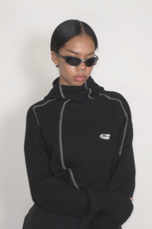 WAFFLE HOODED TOP -BLACK-