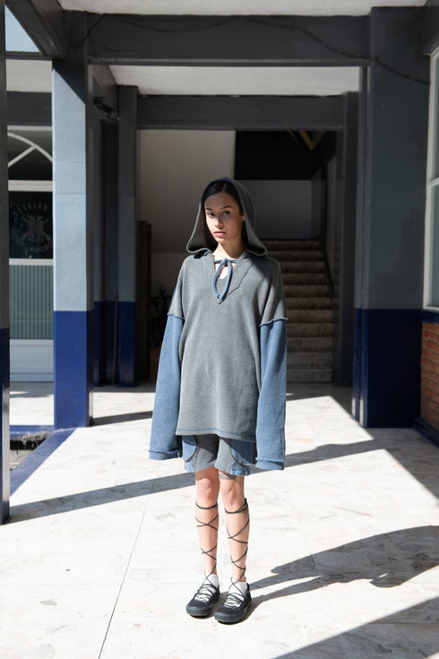 WAFFLE MEXICAN HOODIE -CHARCOAL × BLUE-