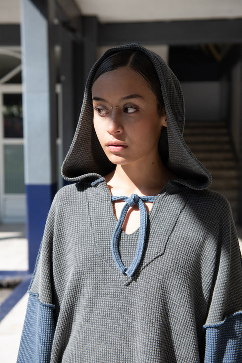 WAFFLE MEXICAN HOODIE -CHARCOAL × BLUE-