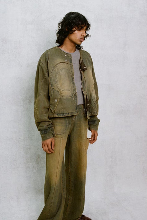 CIRCLE CUT-OUT DENIM JACKET -RUSTED BROWN-