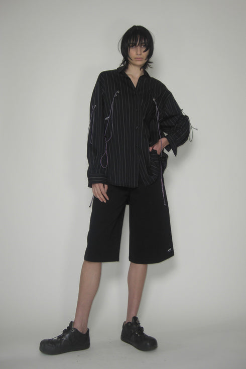 DRAWSTRING-EYELET STRIPED SHIRT -BLACK-