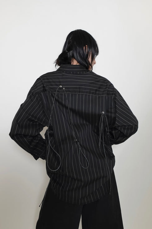 DRAWSTRING-EYELET STRIPED SHIRT -BLACK-