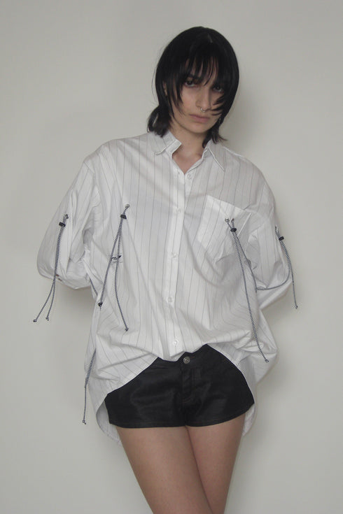 DRAWSTRING-EYELET STRIPED SHIRT -WHITE-