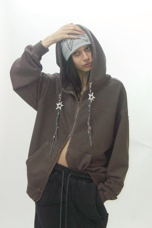 BEADED DRAWSTRING ZIP-UP HOODIE -BROWN-