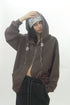 BEADED DRAWSTRING ZIP-UP HOODIE -BROWN-