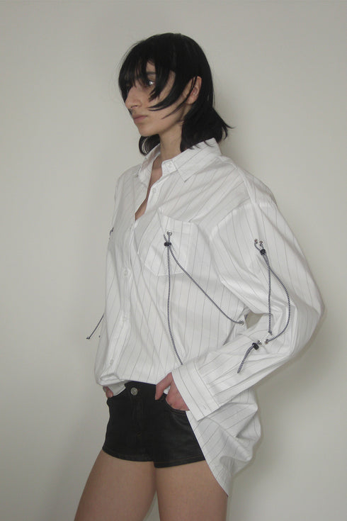 DRAWSTRING-EYELET STRIPED SHIRT -WHITE-