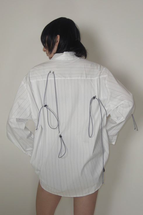 DRAWSTRING-EYELET STRIPED SHIRT -WHITE-