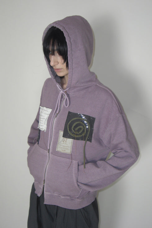 WASHED PATCHWORK ZIP-UP HOODIE -DARK PURPLE-