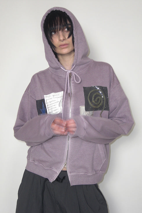 WASHED PATCHWORK ZIP-UP HOODIE -DARK PURPLE-