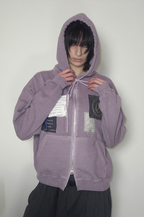 WASHED PATCHWORK ZIP-UP HOODIE -DARK PURPLE-