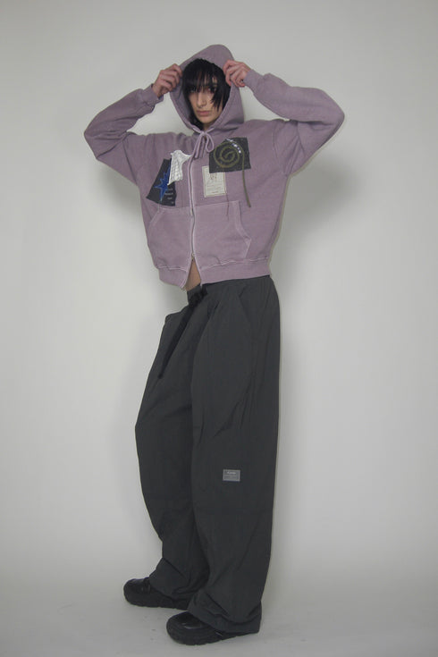WASHED PATCHWORK ZIP-UP HOODIE -DARK PURPLE-