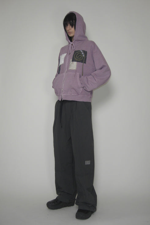 WASHED PATCHWORK ZIP-UP HOODIE -DARK PURPLE-