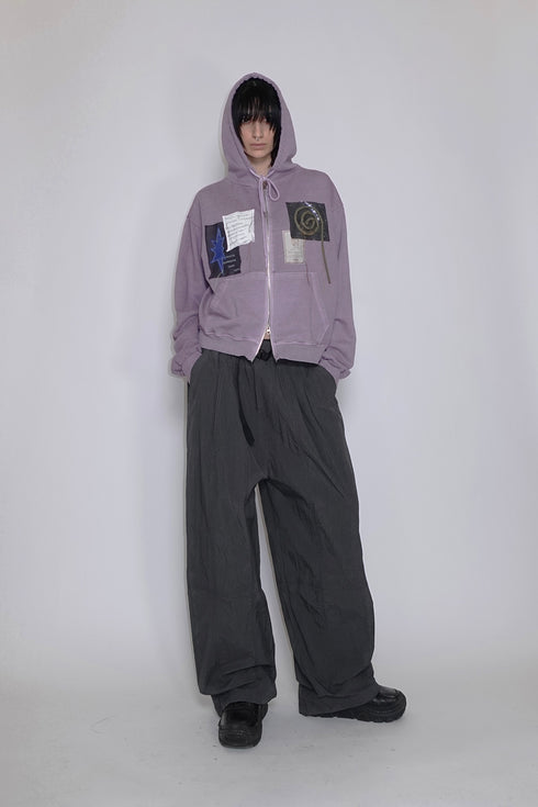 WASHED PATCHWORK ZIP-UP HOODIE -DARK PURPLE-
