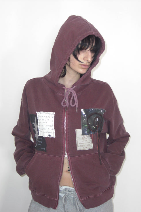 WASHED PATCHWORK ZIP-UP HOODIE -DARK RED- *Last1