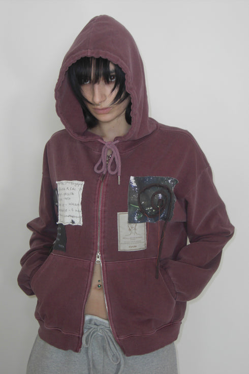 WASHED PATCHWORK ZIP-UP HOODIE -DARK RED- *Last1