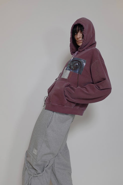 WASHED PATCHWORK ZIP-UP HOODIE -DARK RED- *Last1