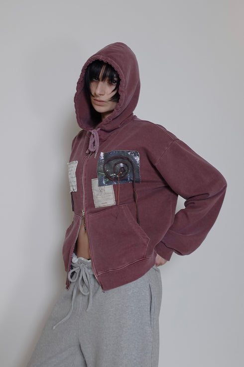 WASHED PATCHWORK ZIP-UP HOODIE -DARK RED- *Last1