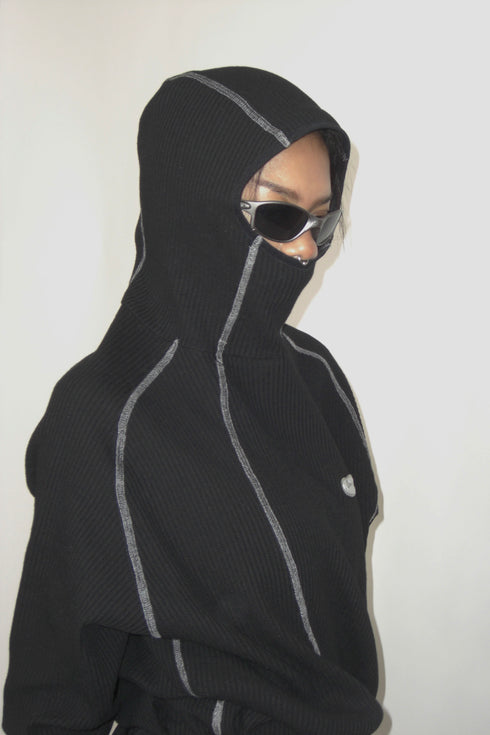WAFFLE HOODED TOP -BLACK-