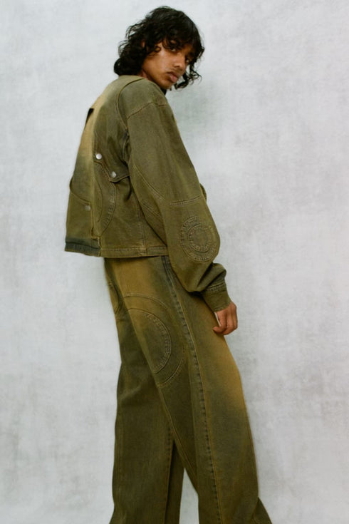 CIRCLE CUT-OUT DENIM JACKET -RUSTED BROWN-