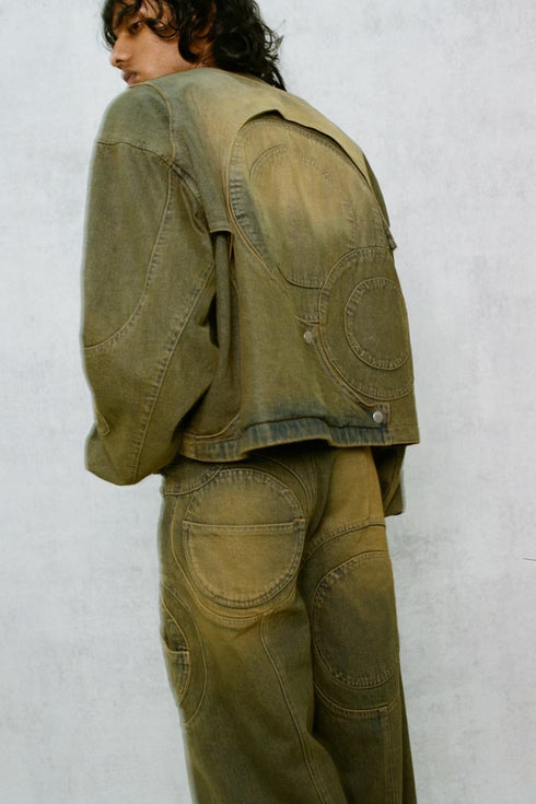 CIRCLE CUT-OUT DENIM JACKET -RUSTED BROWN-