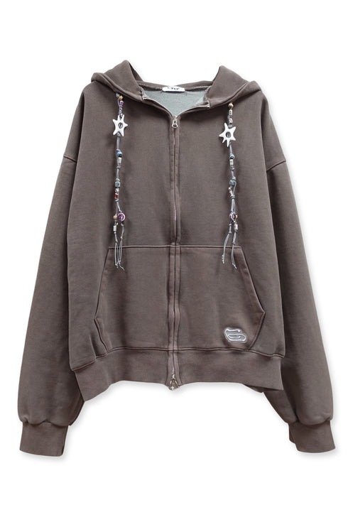BEADED DRAWSTRING ZIP-UP HOODIE -BROWN-