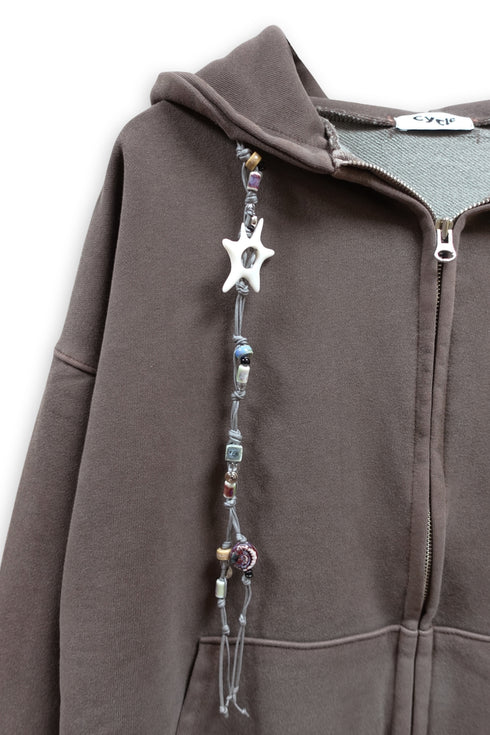 BEADED DRAWSTRING ZIP-UP HOODIE -BROWN-