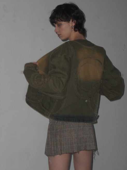 CIRCLE CUT-OUT DENIM JACKET -RUSTED BROWN-