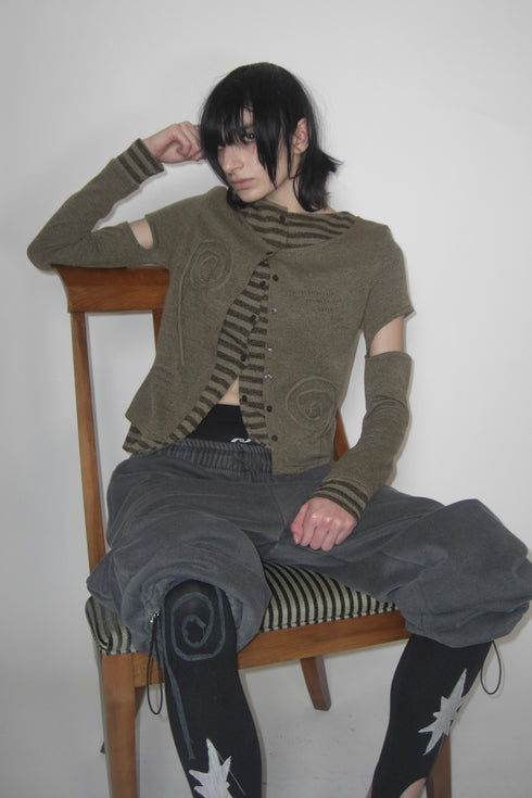 PATCHWORK LAYERED CARDIGAN -KHAKI- *Last1