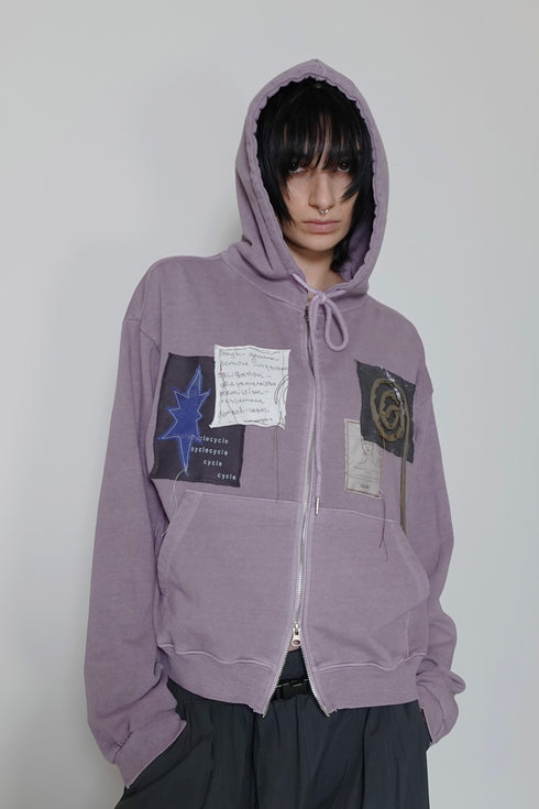 WASHED PATCHWORK ZIP-UP HOODIE -DARK PURPLE-