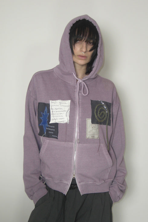 WASHED PATCHWORK ZIP-UP HOODIE -DARK PURPLE-