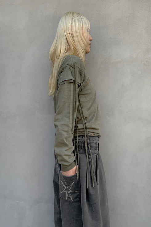 WASHED LACE-UP LONG SLEEVE TEE