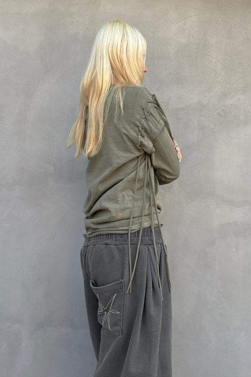 WASHED LACE-UP LONG SLEEVE TEE