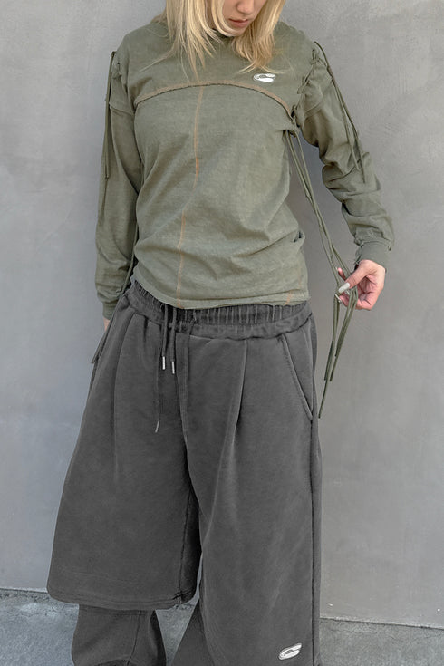 WASHED LACE-UP LONG SLEEVE TEE