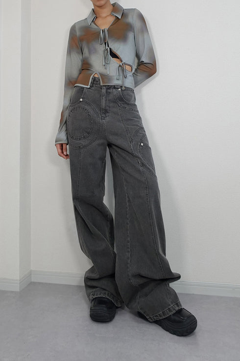 FLOWER DRAWSTRING TOPS -GRAYISH BLUE-