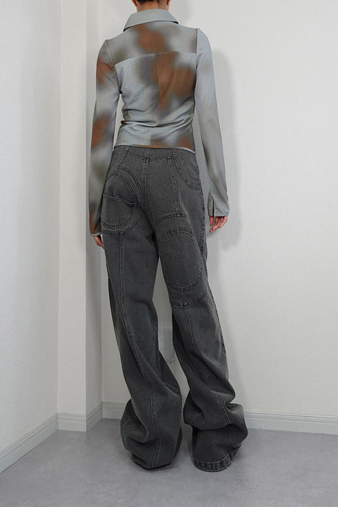 FLOWER DRAWSTRING TOPS -GRAYISH BLUE-