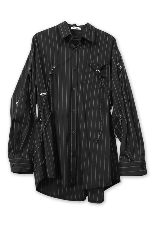 DRAWSTRING-EYELET STRIPED SHIRT -BLACK-