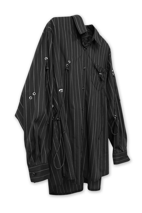 DRAWSTRING-EYELET STRIPED SHIRT -BLACK-