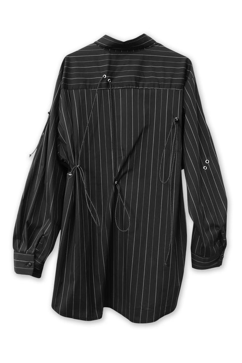 DRAWSTRING-EYELET STRIPED SHIRT -BLACK-