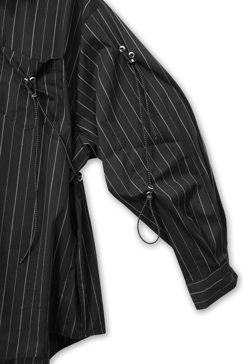 DRAWSTRING-EYELET STRIPED SHIRT -BLACK-