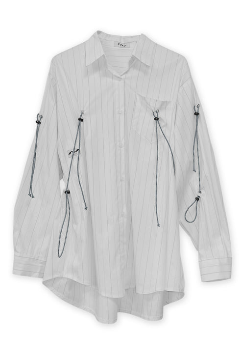 DRAWSTRING-EYELET STRIPED SHIRT -WHITE-