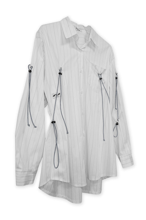 DRAWSTRING-EYELET STRIPED SHIRT -WHITE-