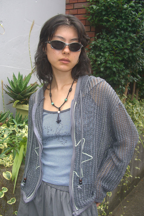 【PRE-ORDER】CORD MESH ZIP-UP HOODIE -CHARCOAL-