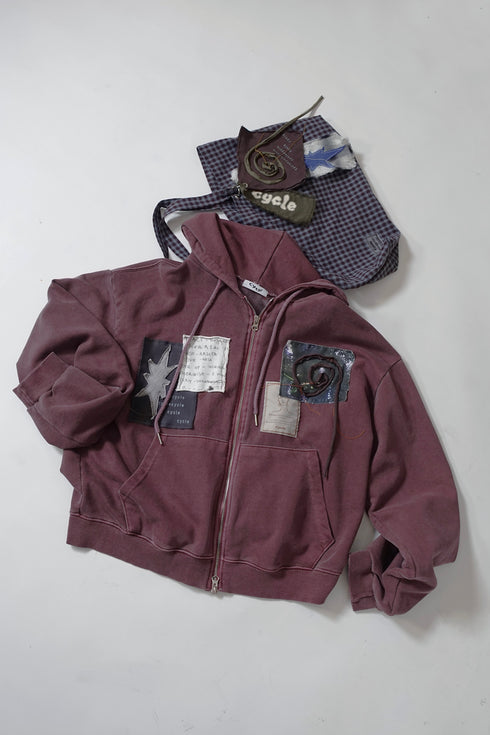 WASHED PATCHWORK ZIP-UP HOODIE -DARK RED- *Last1
