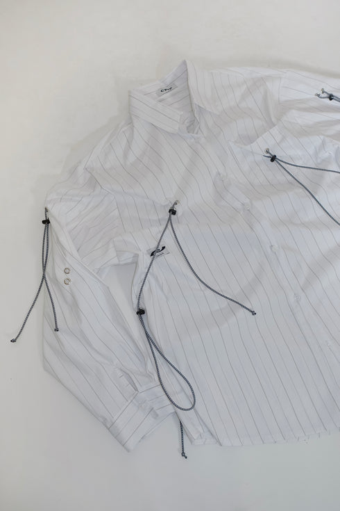 DRAWSTRING-EYELET STRIPED SHIRT -WHITE-